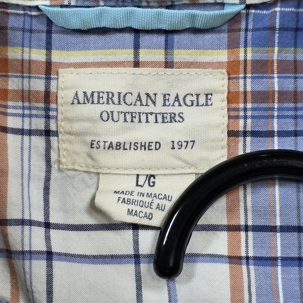 American Eagle Mens Large Plaid Button Down Shirt Long Sleeve Blue Orange L AEO - Picture 4 of 9